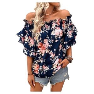 Navy Blue and Pink Ruffle Off Shoulder Flounce Sleeve Floral Blouse Large NWOT